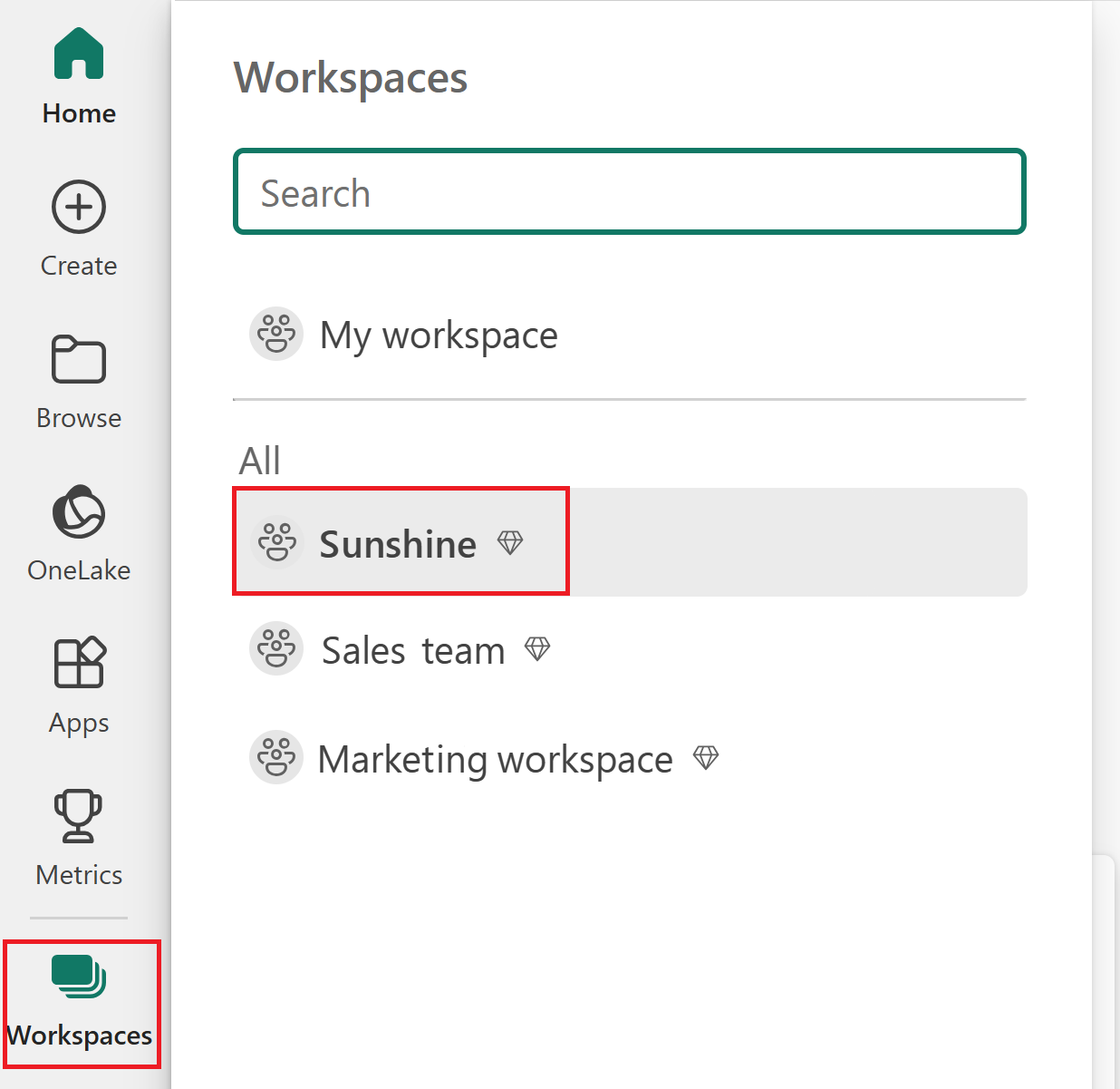 Screenshot dell'area di lavoro abilitata per Fabric evidenziata.