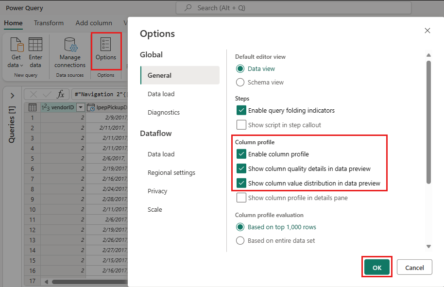 Screenshot showing the column options selection for your data.