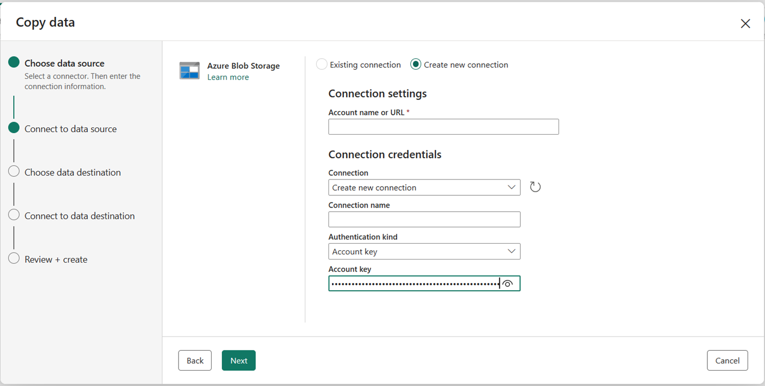 Screenshot showing the Connect to data source screen of the copy data assistant.