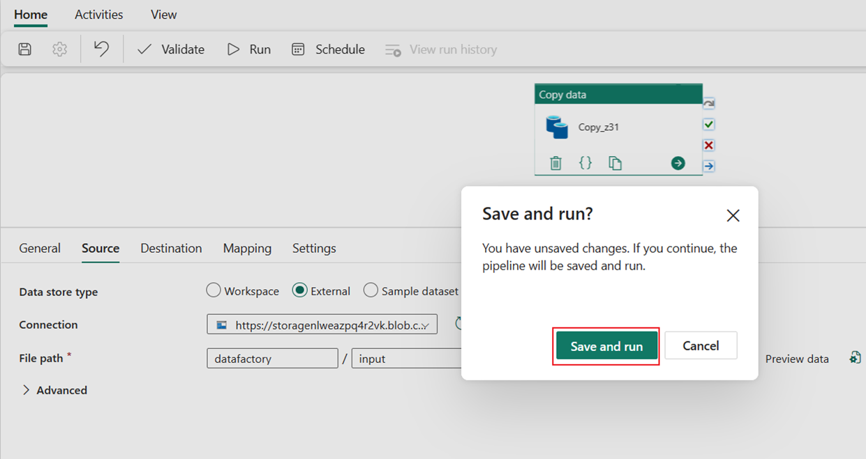 Screenshot showing the Save and run dialog for the Copy activity.