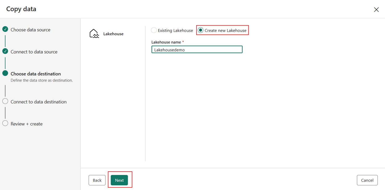 Screenshot showing the Choose data destination dialog with the new lakehouse option selected.