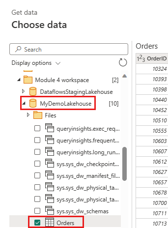 Screenshot che mostra la tabella degli ordini nel lakehouse.