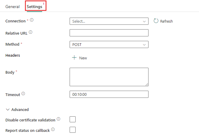 Screenshot che mostra la scheda Impostazioni attività WebHook che evidenzia la scheda e dove scegliere una nuova connessione.