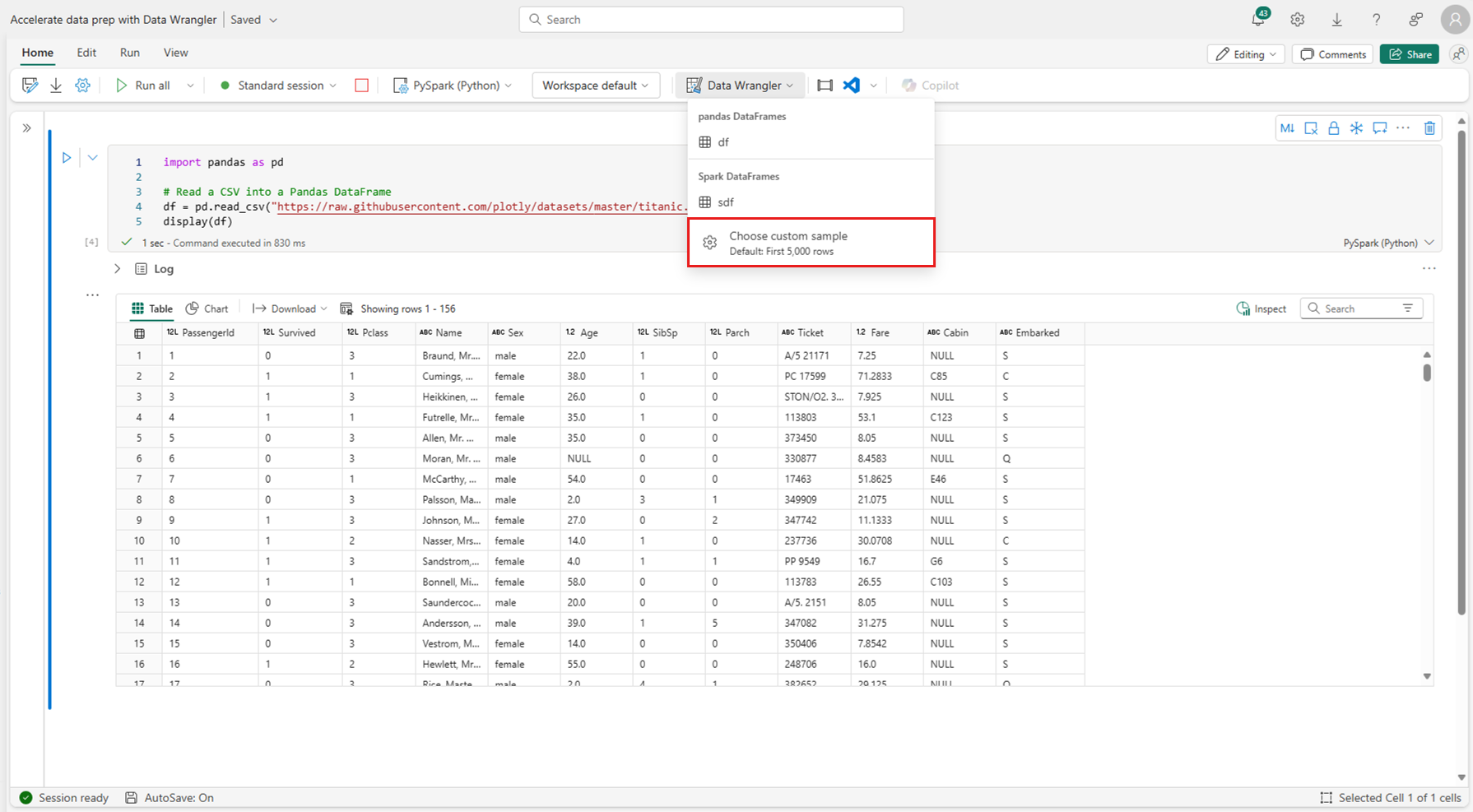 Screenshot che mostra il prompt dell'elenco a discesa Data Wrangler con l'opzione di esempio personalizzata evidenziata.