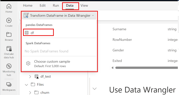 Screenshot che mostra un notebook di Fabric con il prompt a discesa Data Wrangler.