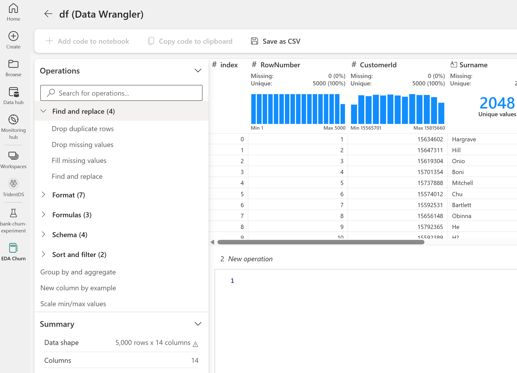 Screenshot that shows the Data Wrangler menu.