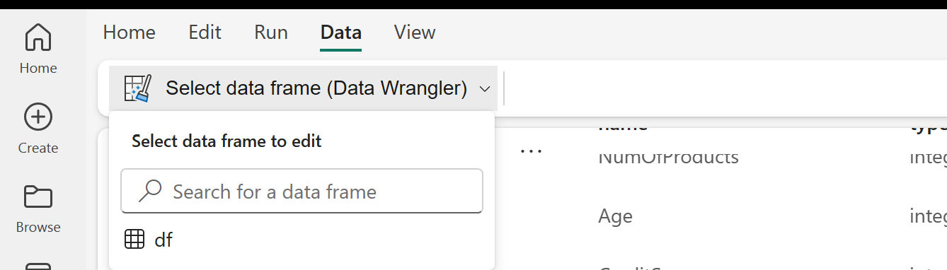 Screenshot that shows where to access Data Wrangler.