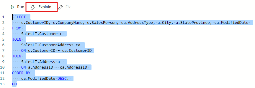 Screenshot del portale di Infrastruttura che mostra l'azione Spiega e un blocco di testo T-SQL evidenziato.