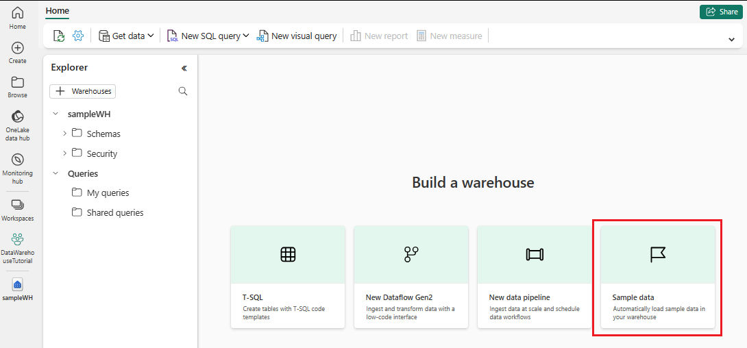 Screenshot che mostra dove selezionare la scheda di esempio Warehouse nell'hub Home.