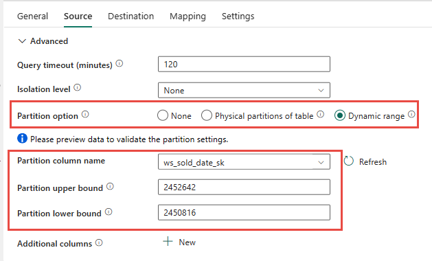 Screenshot di una pipeline di dati, che illustra l'opzione per specificare la chiave primaria o la data per la colonna di partizione dinamica.