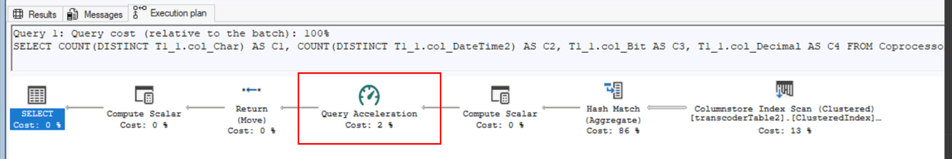 Screenshot di una query di esempio utilizzando l'operatore Query Accleration.