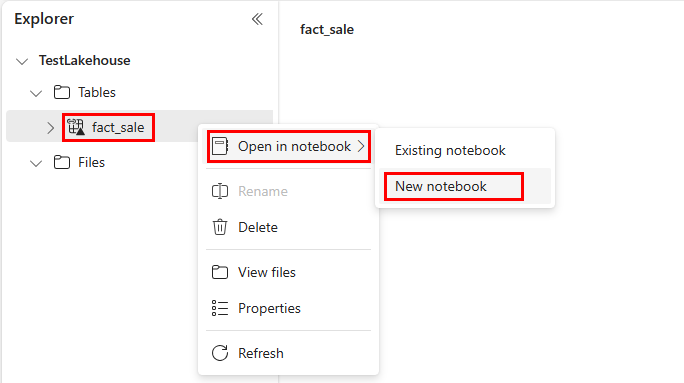 Screenshot del portale di Fabric in cui un utente apre un notebook Spark per eseguire una query sul collegamento Warehouse.