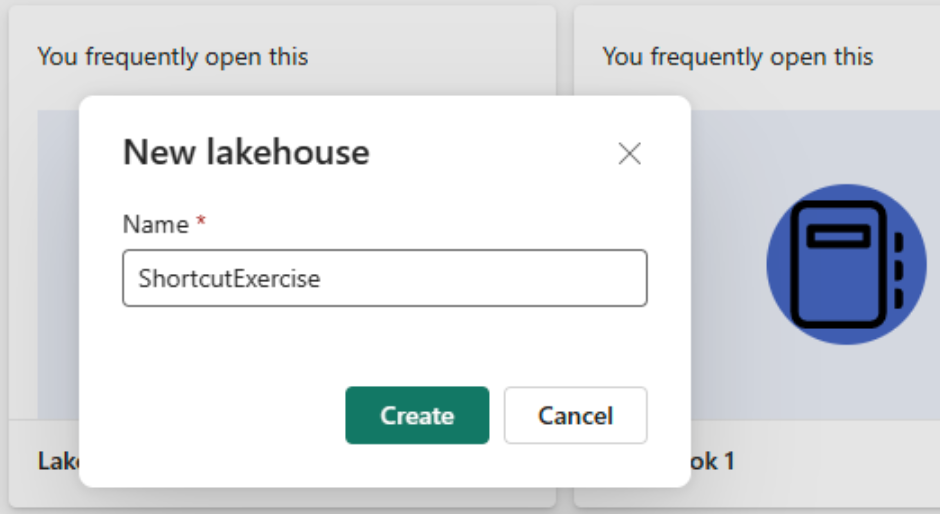Screenshot del portale di Fabric che mostra il campo nome per la nuova lakehouse. Il nome specificato è ShortcutExercise.