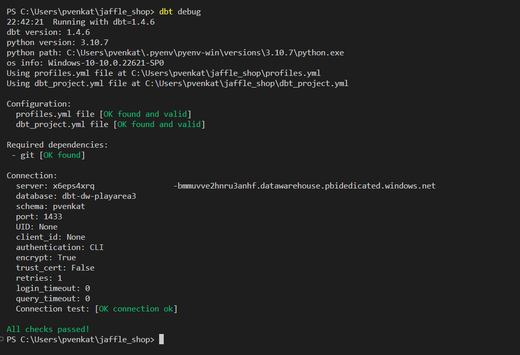 Screenshot di Visual Studio Code che mostra il comando di debug dbt.