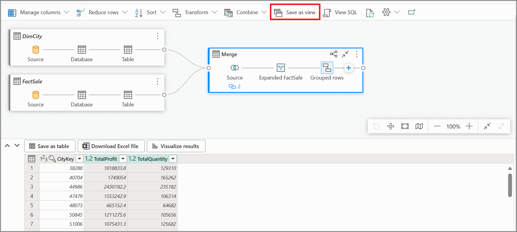 Screenshot che mostra come usare il menu Salva come visualizzazione nell'editor di query visive.