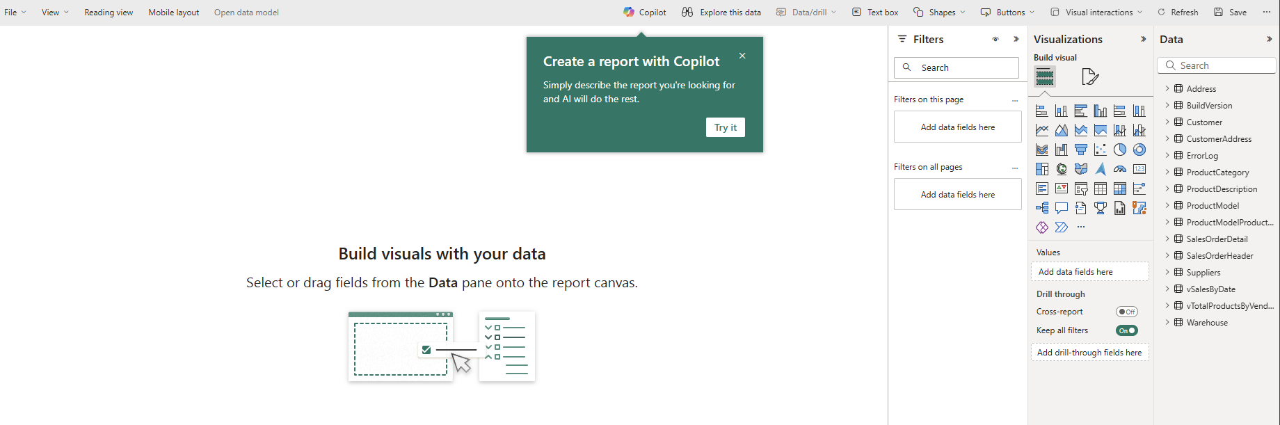 Screenshot che mostra l'opzione Crea un report con copilot.