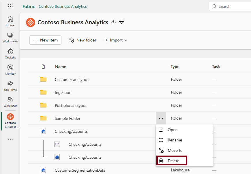 Screenshot dell'opzione Elimina per una cartella nel menu contestuale.