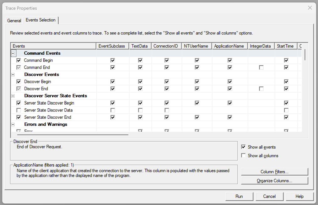 Screenshot che mostra gli eventi di elaborazione di query selezionati in SQL Server Profiler.
