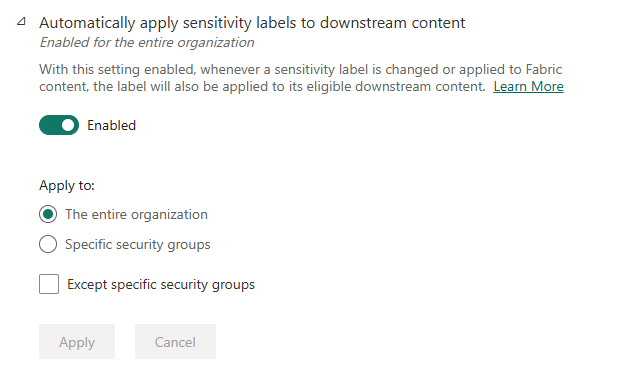 Screenshot delle impostazioni del tenant per l'applicazione automatica delle etichette al contenuto downstream.