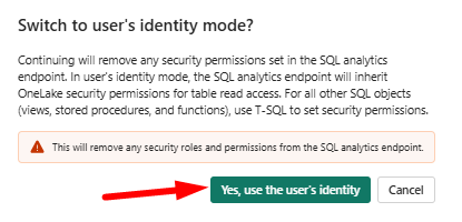 Screenshot che mostra la richiesta dell'utente che deve essere accettata per abilitare la sicurezza OneLake per l'accesso in lettura alle tabelle.