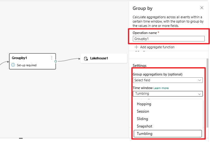 Screenshot che mostra l'operatore Group by disponibile nell'editor del processore di eventi.