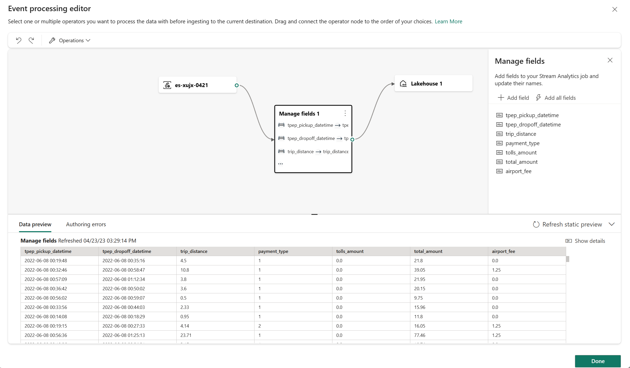 Screenshot che mostra come visualizzare in anteprima i dati nell'editor del processore di eventi.