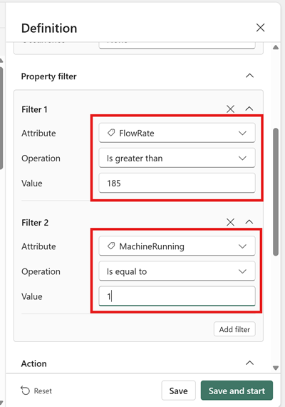 Screenshot della regola con i filtri aggiunti per le proprietà FlowRate e MachineRunning.