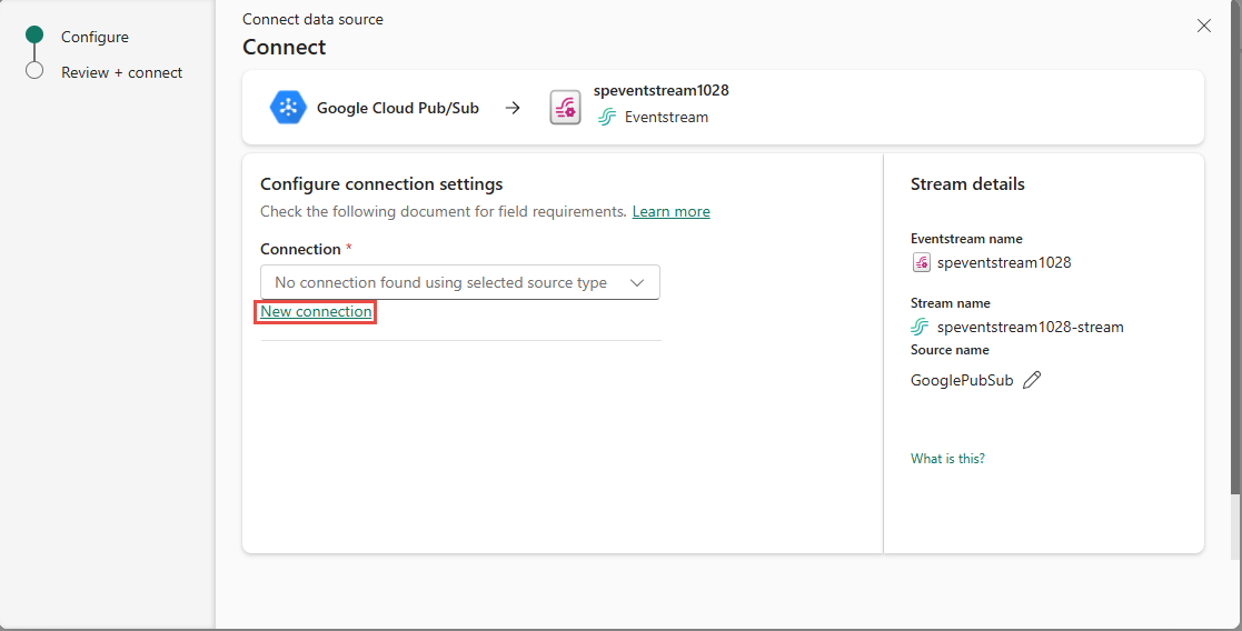 Screenshot che mostra la pagina Connetti per Google Cloud Pub/Sub.
