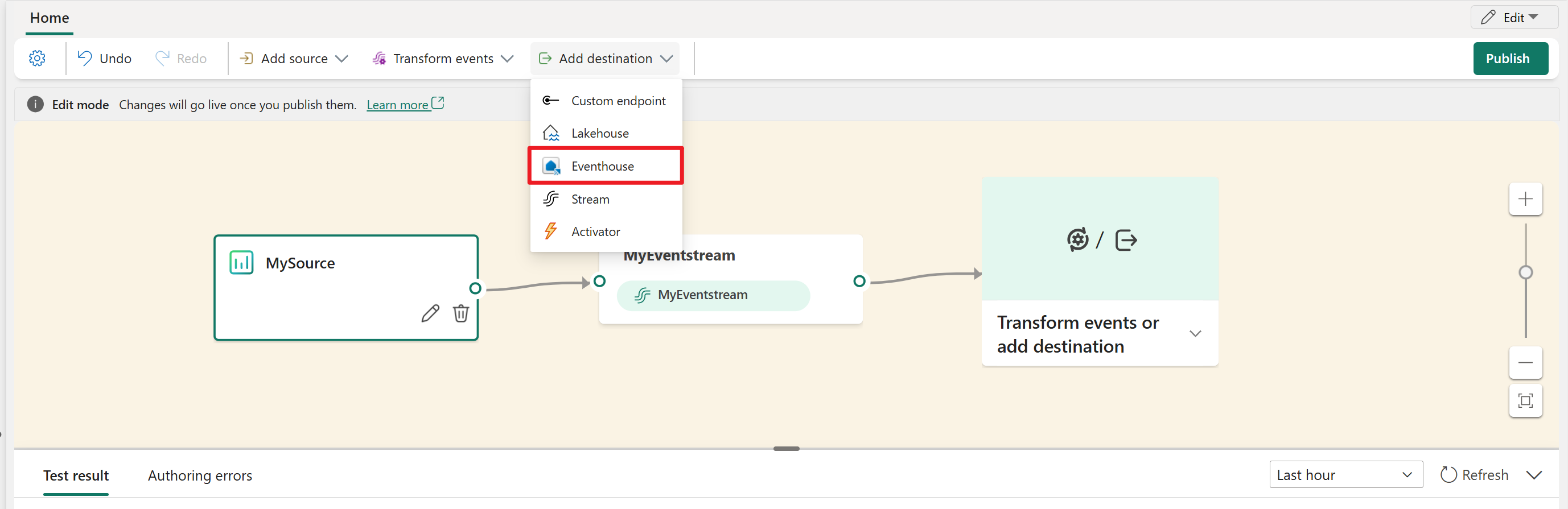 Screenshot della selezione del database KQL nell'elenco a discesa Aggiungi destinazione.