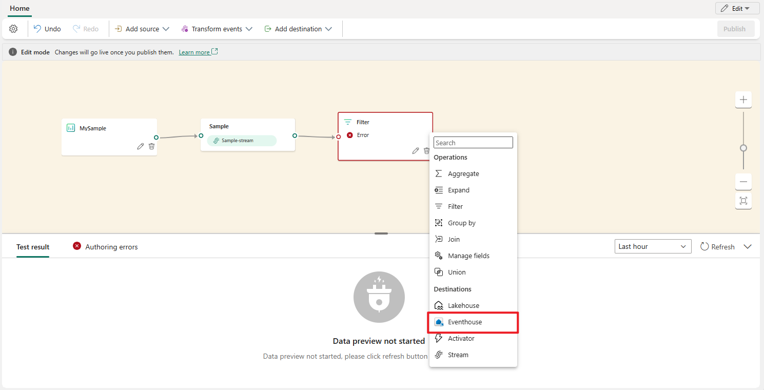 Screenshot della selezione del simbolo + per l'output dell'operatore e della selezione di KQL Database.