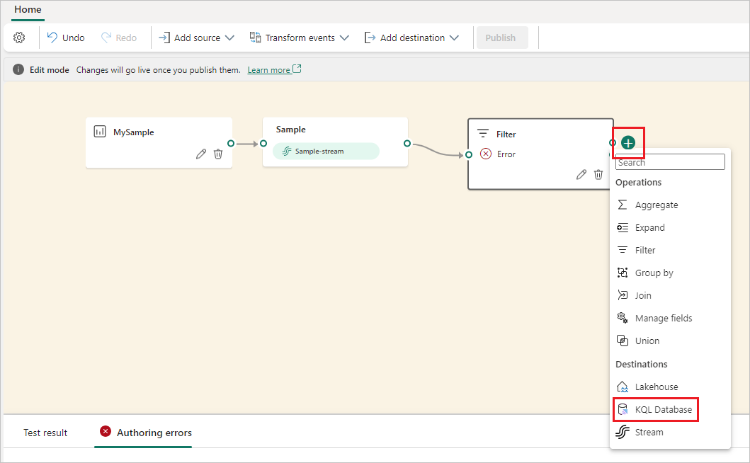 Screenshot della selezione del simbolo + per l'output dell'operatore e della selezione di KQL Database.