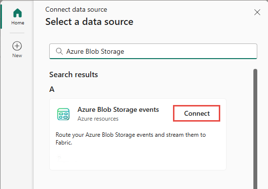 Screenshot che mostra la selezione degli eventi di Azure Blob Storage come tipo di origine nella finestra Selezionare origine dati.