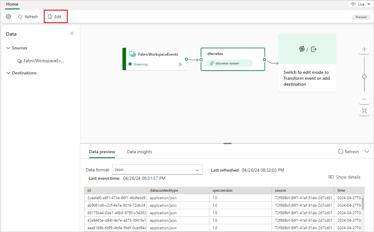 Screenshot degli eventi dell'elemento dell'area di lavoro Infrastruttura nella visualizzazione live, in cui è possibile selezionare Modifica.