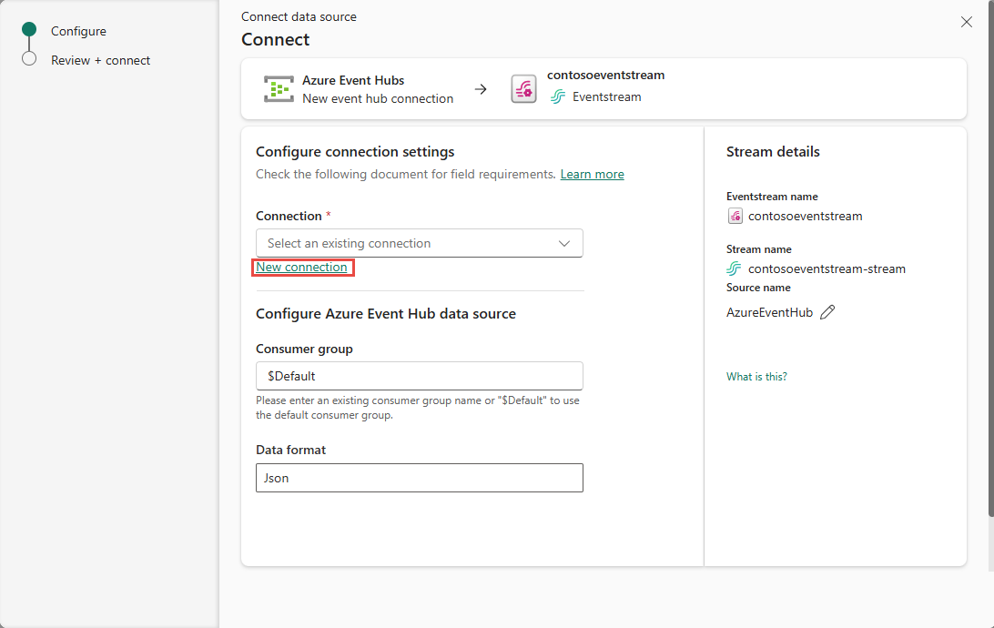 Screenshot che mostra la pagina Connetti origine dati con il collegamento Nuova connessione selezionato.