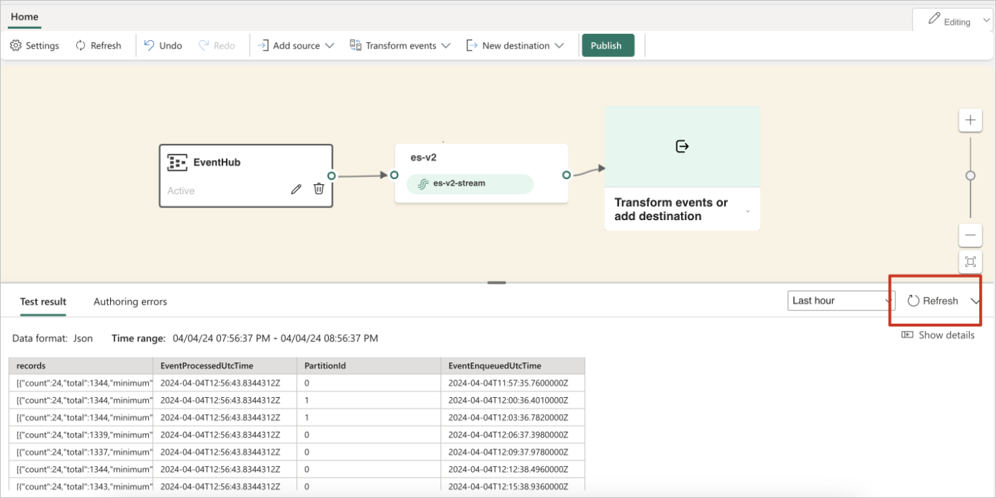 Screenshot della selezione di Aggiorna per visualizzare in anteprima i dati dell'hub eventi.