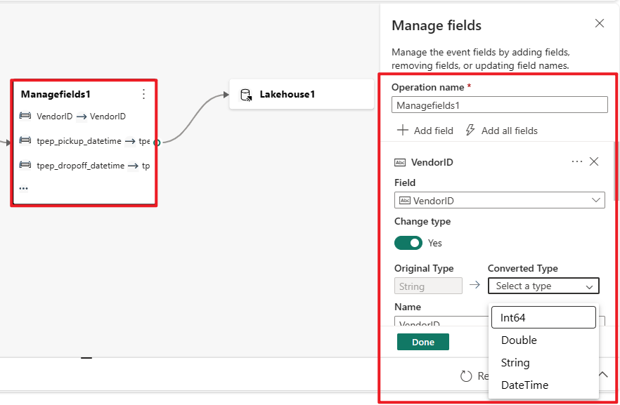 Screenshot che mostra l'operatore Manage field disponibile nell'editor del processore di eventi.