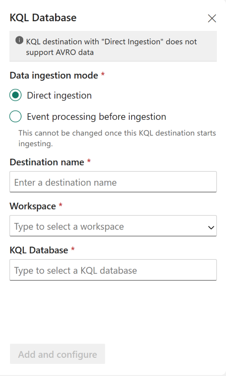 Screenshot della schermata di configurazione della destinazione della modalità pull del database KQL.