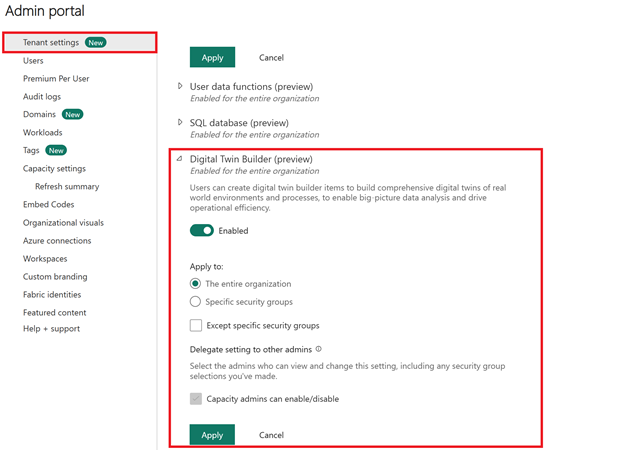 Screenshot dell'abilitazione del generatore di gemelli digitali nel portale di amministrazione.