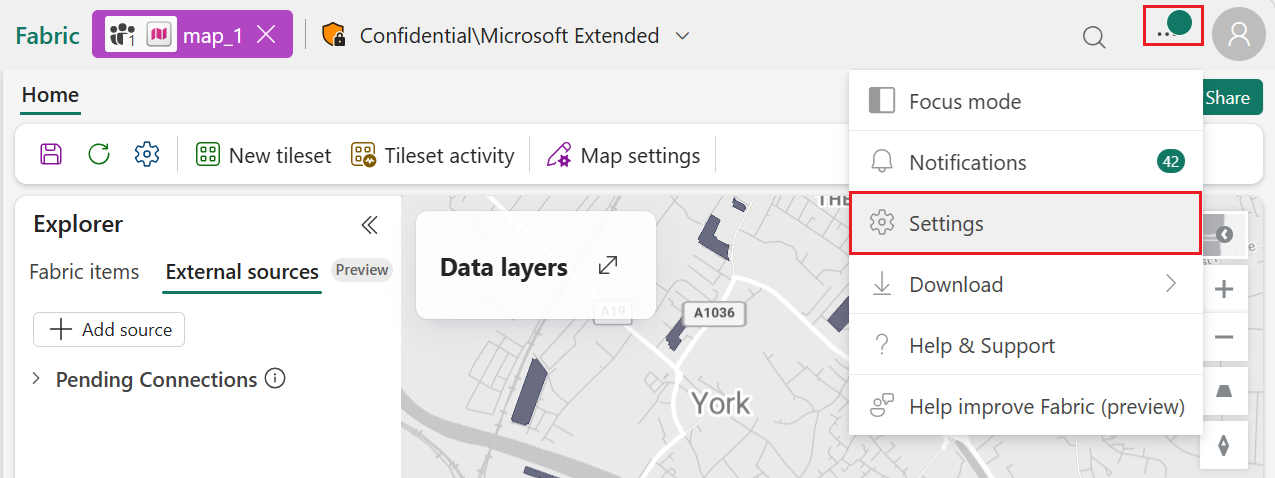 Screenshot del menu Impostazioni utente in Mappe di Microsoft Fabric con impostazioni selezionate nell'elenco a discesa.