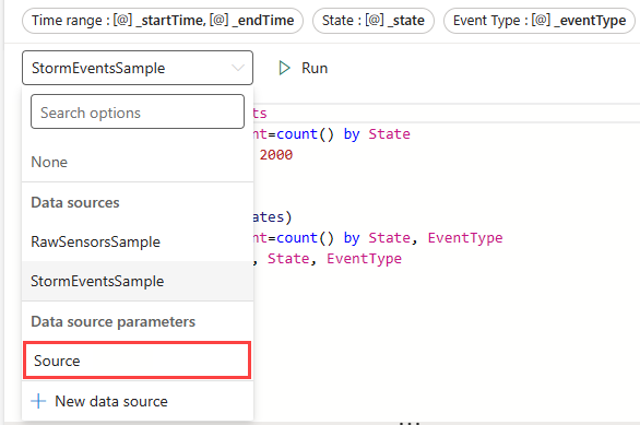 Screenshot della selezione di un parametro dell'origine dati nella query.