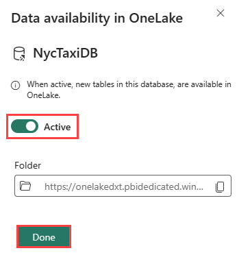 Screenshot della finestra dei dettagli della cartella OneLake in Intelligence in tempo reale in Microsoft Fabric. L'opzione per esporre i dati a OneLake è attivata.