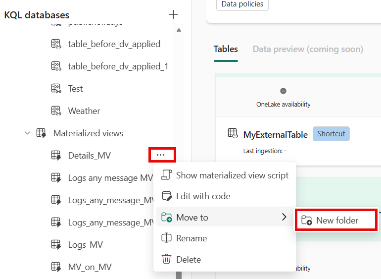 Screenshot del menu a comparsa che mostra l'opzione per spostare la visualizzazione materializzata in una cartella esistente o crearne una nuova.