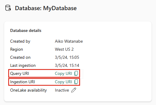 Screenshot della scheda dei dettagli del database che mostra i dettagli del database. Le opzioni denominate URI di query e URI di inserimento sono evidenziate.