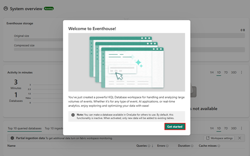 Screenshot dell'interfaccia di benvenuto di Eventhouse con il pulsante Inizia evidenziato.