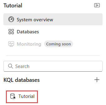 Screnshot della panoramica di sistema per la nuova eventhouse con il database Tutorial selezionato e evidenziato con una casella rossa.