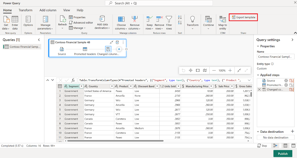 Screenshot che mostra l'editor di Power Query, con l'opzione Esporta modello evidenziata.