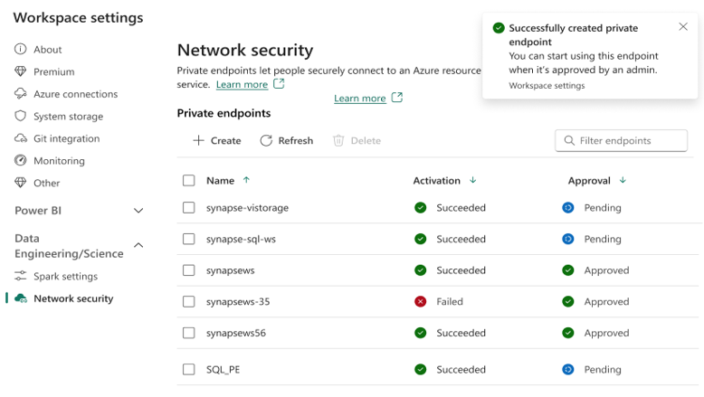 Screenshot of managed private endpoint provisioning success indication on the Networking tab.