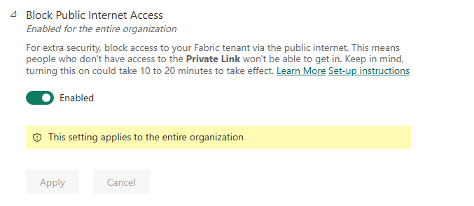 Screenshot che mostra l'impostazione del tenant Blocca accesso Internet pubblico abilitata.