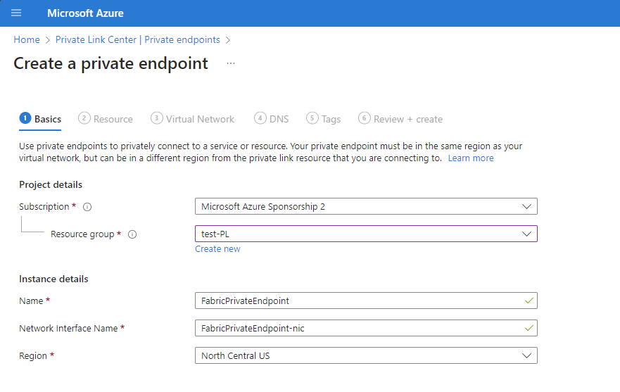 Screenshot della scheda Informazioni di base in Creare un endpoint privato.