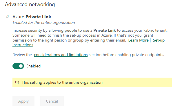 Screenshot che mostra collegamento privato di Azure impostazione del tenant.